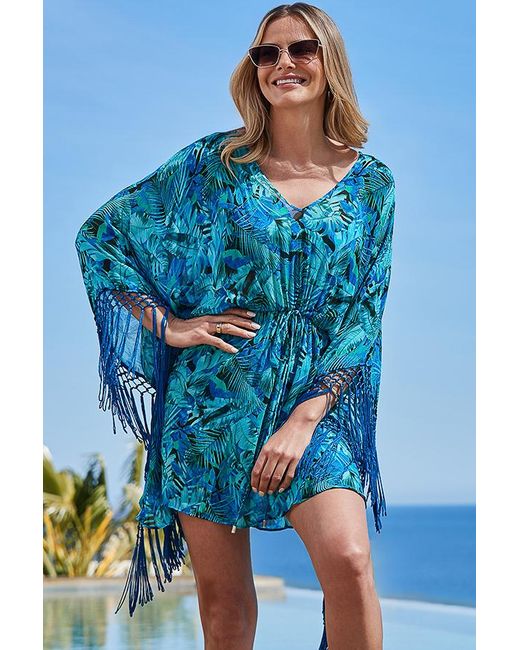Sosandar Blue Palm Print Fringe Detail Kaftan