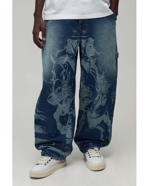 BoohooMAN Blue Western Graphic Balloon Fit Jeans for men
