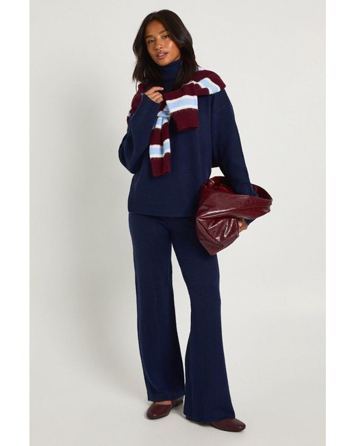 Boohoo Blue Petite Super Soft Roll Neck Oversized Sweater And Wide Leg Trouser Co-Ord
