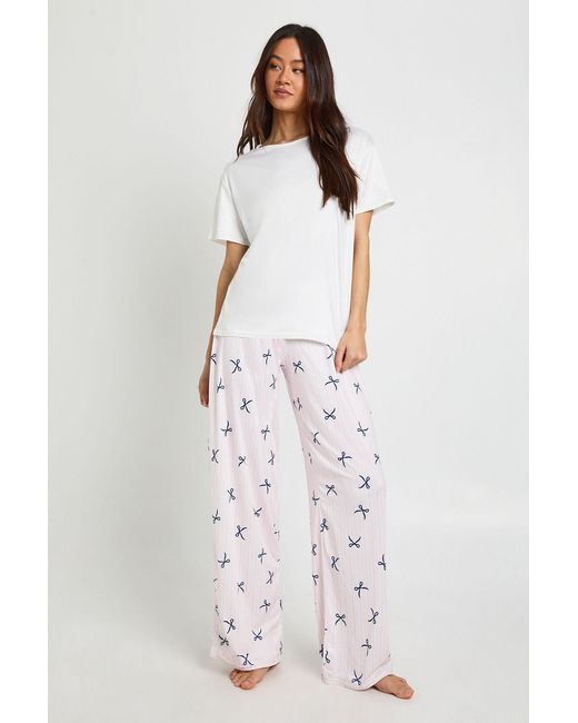 Boohoo White Tall Bow Print Oversized T-Shirt And Trouser Pyjama Set