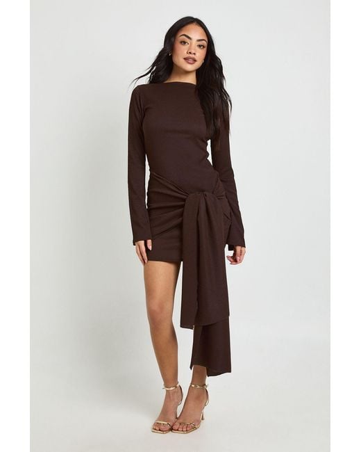 Boohoo Brown Texture Wrap Tie Front Mini Dress