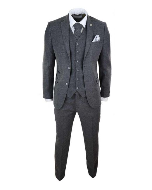 TruClothing Black 3 Piece Wool Tweed Vintage Retro Suit Velvet for men