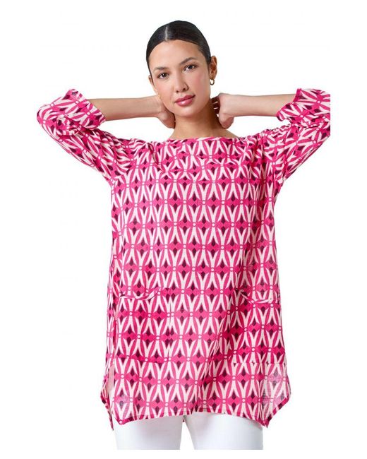 Roman Pink Cotton Geometric Pocket Longline Tunic Top