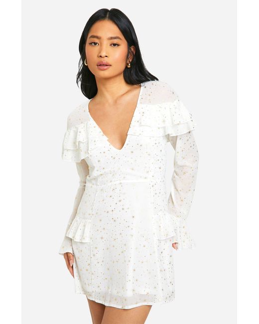 Boohoo White Petite Star Ruffle Detail Plunge Mini Dress