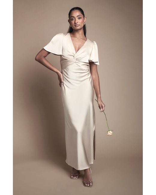 Oasis Natural Satin Twist Front Angel Sleeve Midi Bridesmaid Dress