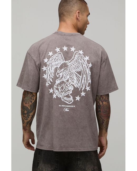 BoohooMAN Gray Washed Oversized Eagle Line Drawn Print T-Shirt Cotton for men