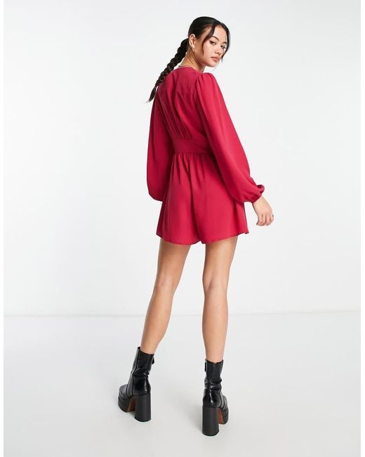 ASOS Red Crepe Plunge Neck Playsuit With Puff Sleeve