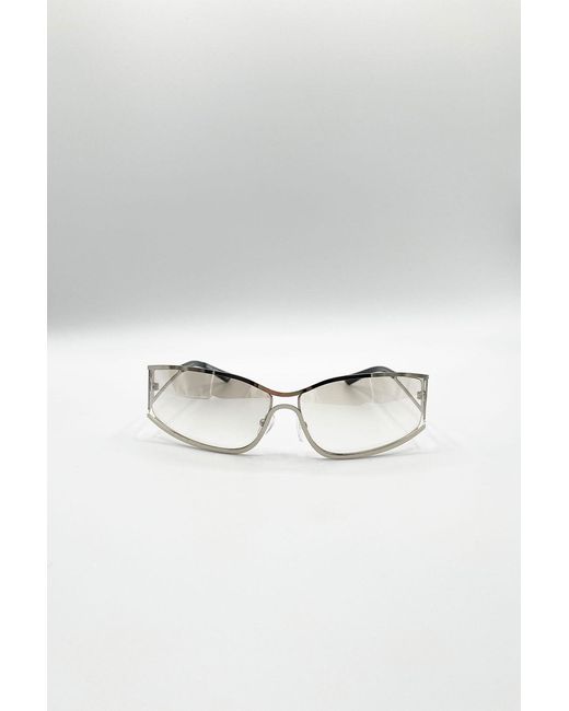SVNX Metallic Retangle Wrap Around Metal Sunglasses