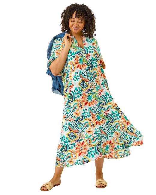 Roman Blue Curve Printed V-Neck Midi Dress