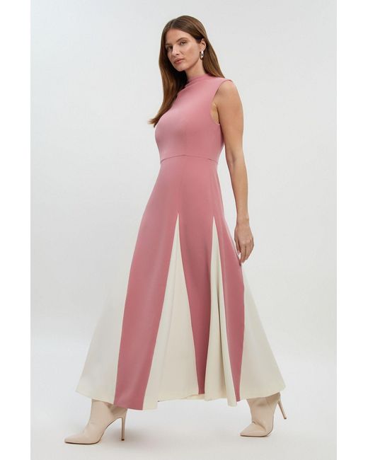 Karen Millen Pink Petite Compact Stretch Tailored Colour Block Full Skirted Midi Dress