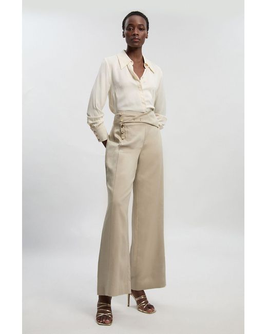 Karen Millen Natural Petite Tailored Linen Button Front Wide Leg Trouser