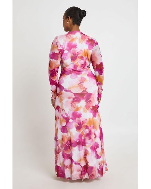 Boohoo Pink Plus Floral Mesh V Neck Maxi Dress
