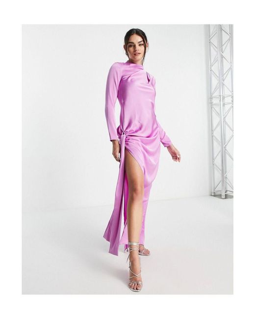 ASOS Pink Satin Maxi Dress With Tie Detail And Wrap Skirt