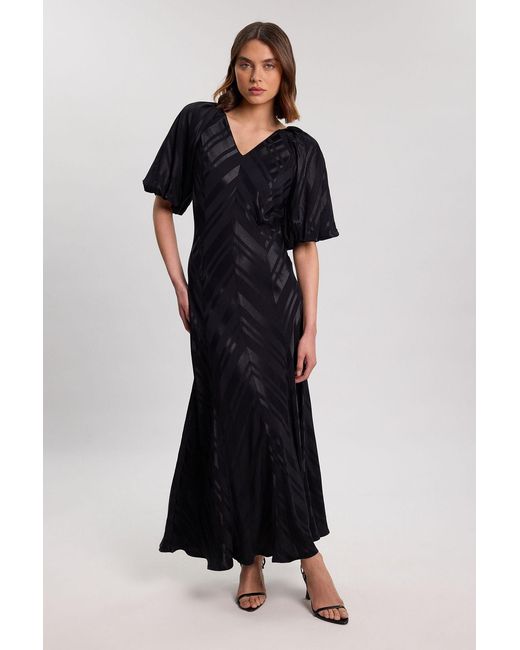 Karen Millen Black Stripe Fabric Detail Fluid Short Sleeve Midi Dress