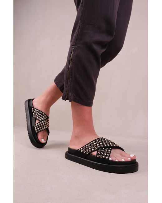 Where's That From Black 'Zenith' Flat Sandals With Cross Over Pressed Studs Straps Faux Leather