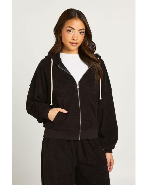 Boohoo Black Towelling Boxy Crop Hooded Tracksuit