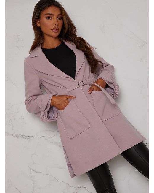 Chi Chi London Purple Structured Coat With Bow Sleeves And Belt Detail