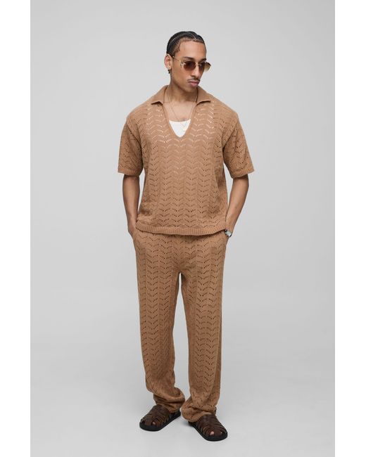 BoohooMAN Natural Boxy V Neck Relaxed Texture Knitted Pants And Polo Set for men
