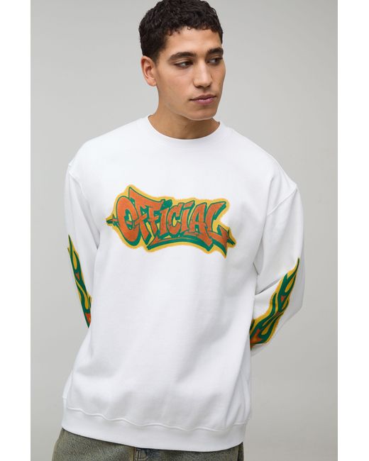 BoohooMAN White Oversized Graffiti Print Sweatshirt for men