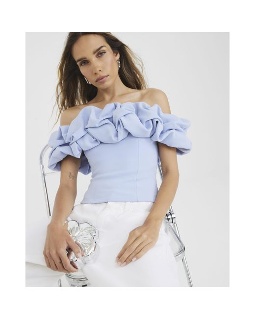 River Island Blue Bardot Top Ruffle