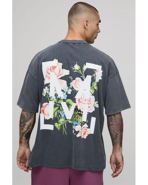 BoohooMAN Gray Oversized Floral Graphic Acid Wash T-Shirt for men