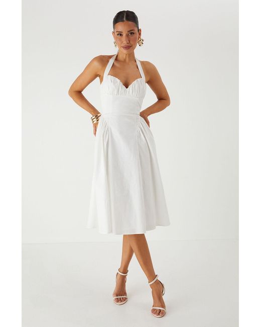 MissPap White Ruched Cup Poplin A Line Midi Dress