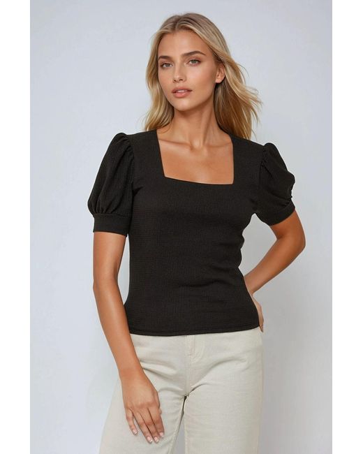 Hiccup Black Square Neck Textured Fitted Blouse