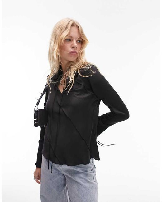 TOPSHOP Black Satin Raw Edge Top