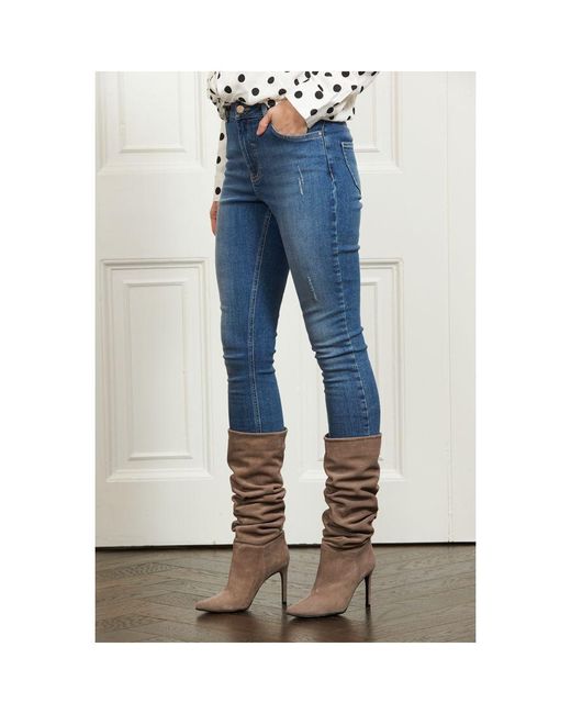 Sosandar Blue Belle Suede Heeled Slouch High Leg Boot Leather