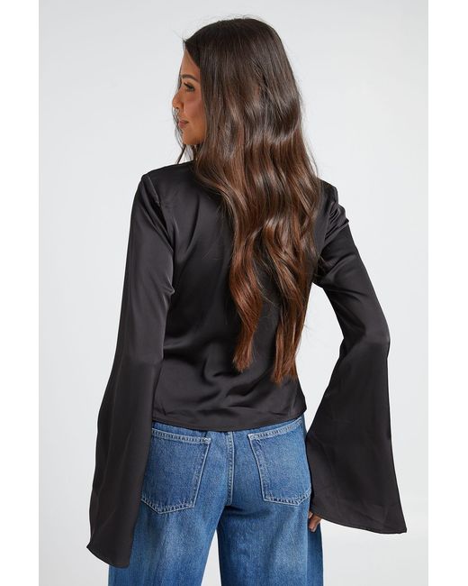 Boohoo Black Long Sleeve Satin Cowl Neck Top