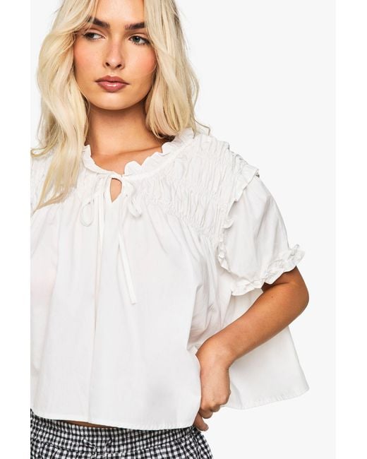 Boohoo White Ruched Poplin Smock Top