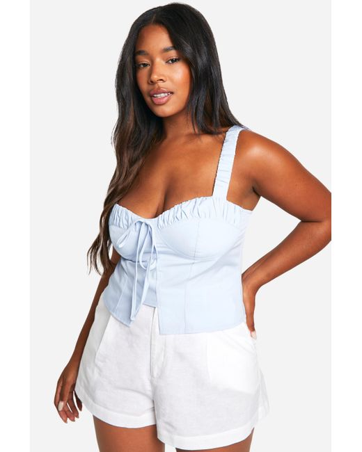 Boohoo White Plus Ruched Tie Front Split Hem Corset Top