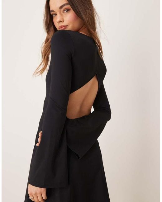 ASOS Black Slash Neck Flute Sleeve Mini Dress With Back Detail
