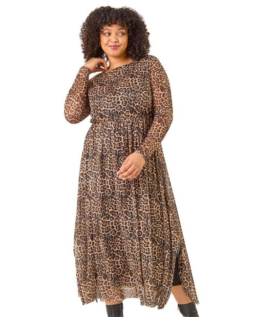 Roman Brown Curve Animal Print A-Line Stretch Dress