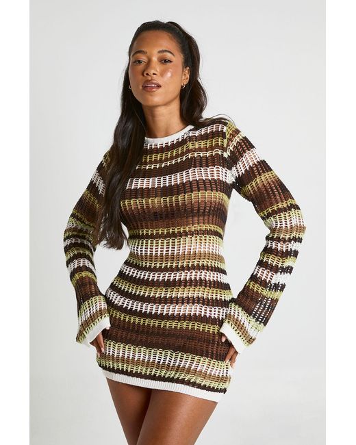 Boohoo Natural Crochet Stripe Knit Flared Sleeve Mini Dress