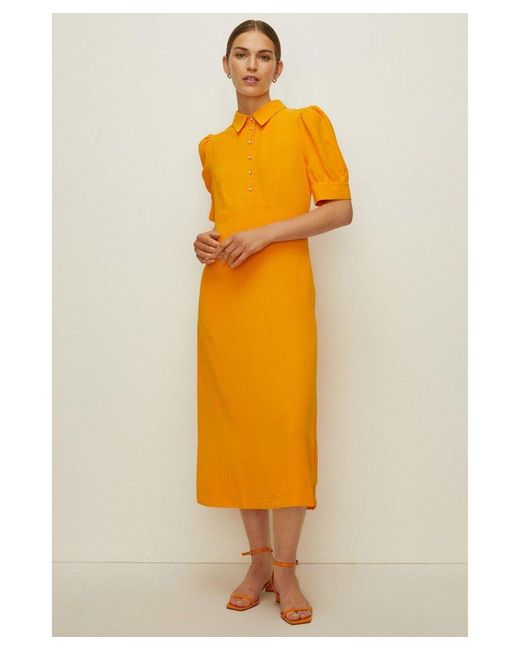 Oasis Yellow Puff Sleeve Pearl Button Detail Midi Dress