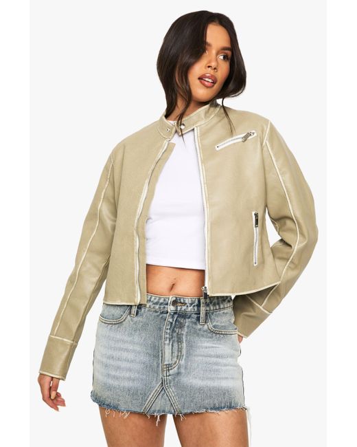 Boohoo Green Fitted Moto Vintage Look Faux Leather Jacket