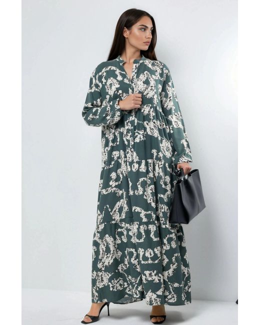Hiccup Blue V-Neck Patterned Maxi Dress With Buttons