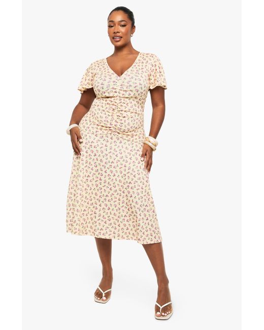 Boohoo Natural Plus Ditsy Ruched Midaxi Dress