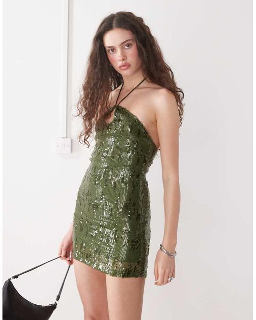 Motel Natural Zumaya Sequin Mini Halter Dress