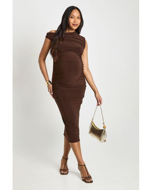 Boohoo Brown Maternity Double Slinky Bardot Ruched Midi Dress