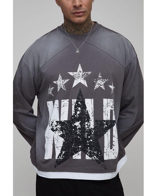 BoohooMAN Gray Tall Oversized Boxy Faux Hem Star Textured Western Wild Graphic Washed T-Shirt for men
