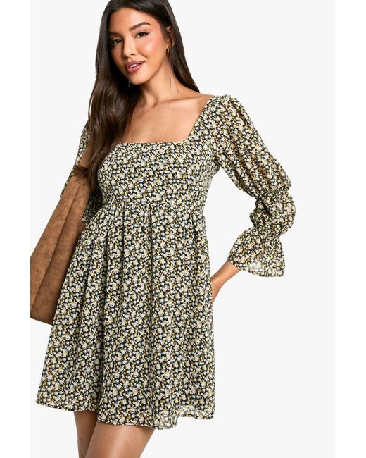 Boohoo Black Floral Gathered Puff Sleeve Smock Dress