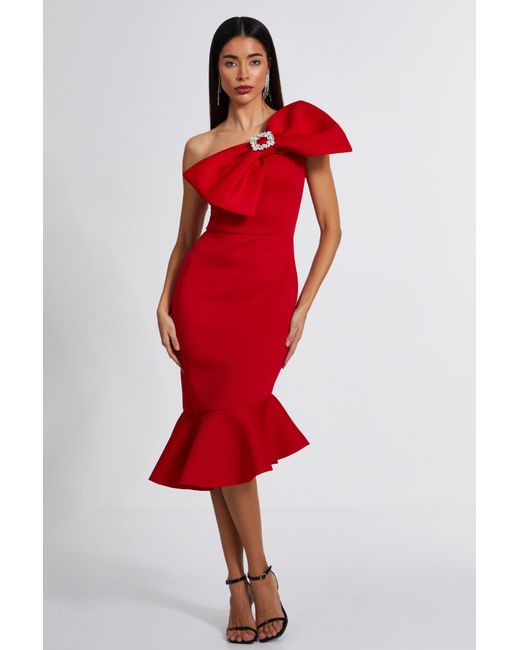 Quiz Red One Shoulder Bow Midi Dress