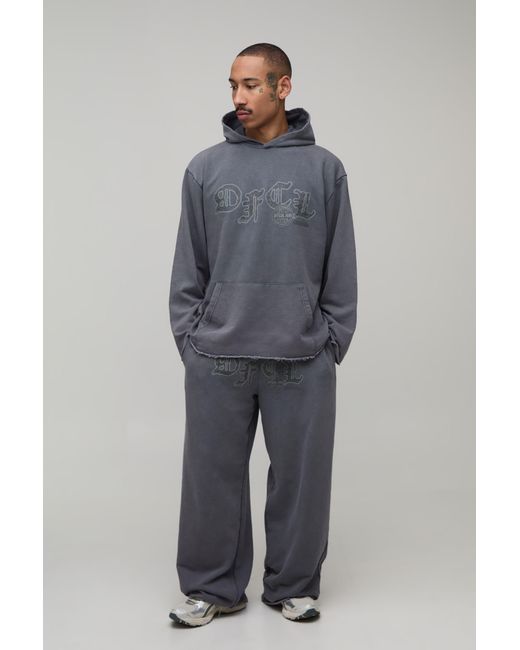 BoohooMAN Gray Oversized Ofcl Distressed Washed Loopback Hooded Tracksuit for men