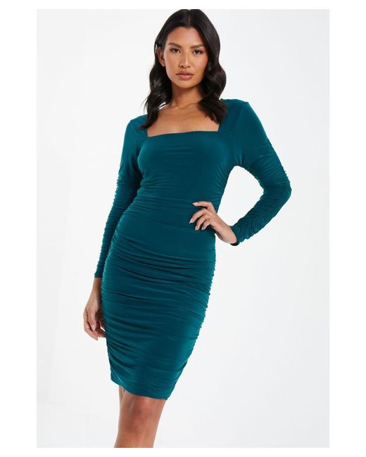 Quiz Blue Teal Ruched Long Sleeve Knee Dress