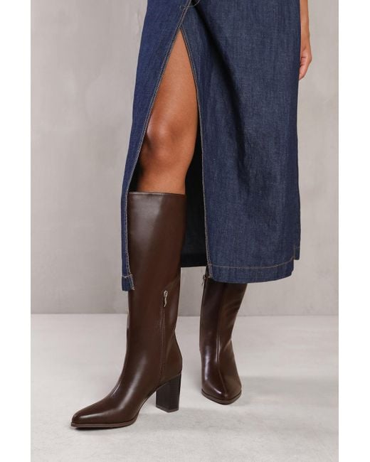 Where's That From Blue 'Delta' Block Heel Knee High Boots With Side Zip