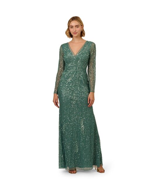 Adrianna Papell Green Long Sleeve Bead Dress