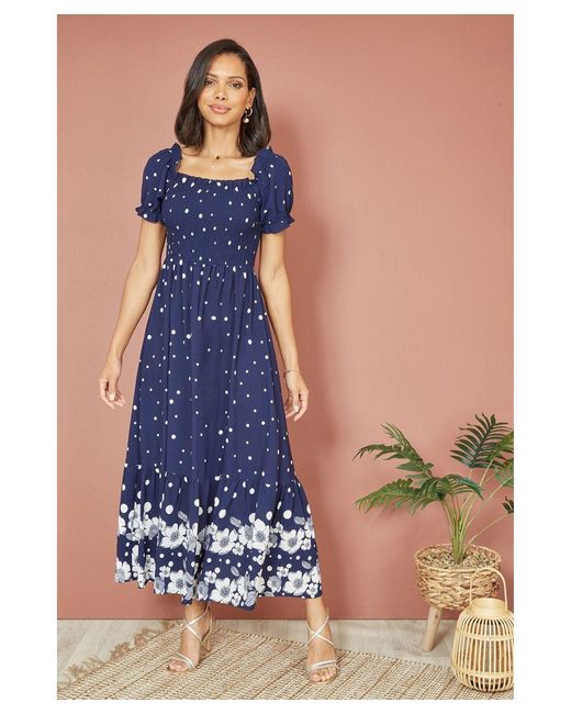 Mela London Blue Spot And Floral Print Border Ruched Midi Dress