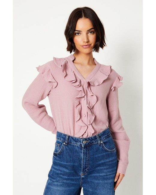 Oasis Pink Muslin Ruffle Button Through Top